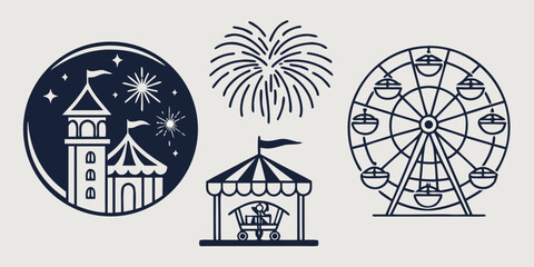 Amusement park with carnival rides and fireworks ferris wheel merry-go-round