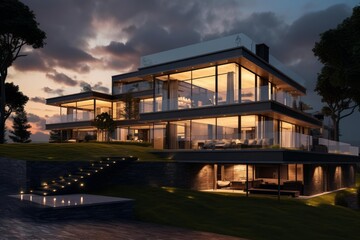 Fototapeta premium Modern luxury villa showcasing sleek architecture with illuminated interior at twilight