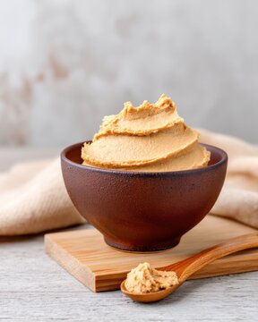 brown ceramic bowl with miso paste on wooden surface, minimalist background, soft natural light, soft