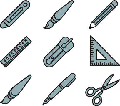 A collection of everyday stationery and drafting tools essential for creative and academic tasks