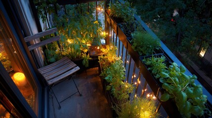 Fototapeta premium Cozy urban balcony vegetable garden at night with glowing string lights and single green chair above city street