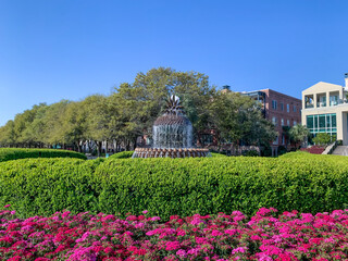 The iconic pineapple fountain in Charleston’s Waterfront Park cascades with water, framed by manicured hedges, vibrant flowers, and shaded trees. © Ryan