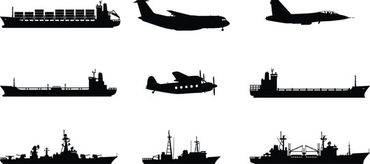 Collection of cargo ships, military vessels and aircraft silhouettes isolated on white background, maritime transport and aviation vector illustration set © Mihir
