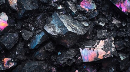 Fototapeta premium Pile of shiny black coal stones with colorful iridescent holographic reflections