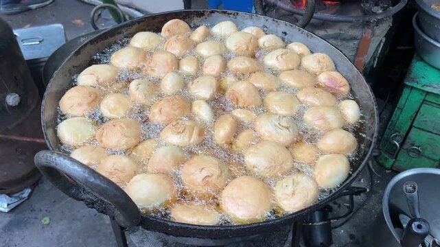 Bengali-style Khasta Kachori prepared in a roadside Dhaba in India