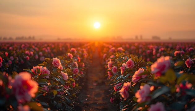 camelia field at sunrise, sunrise over the blooming cameliya field,senic  cameliya field at sunrise,fresh morning sunlight over  flower field