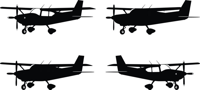 Light aircraft silhouettes set featuring single engine propeller airplanes in multiple side views isolated for general aviation transport and pilot training design
