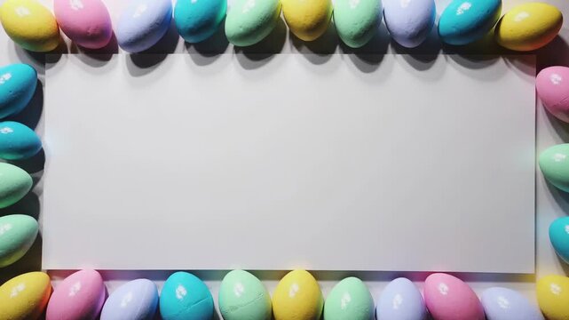 Colorful Easter Border. Flatlay Of Pastel Egg Frame Around Empty Greeting Card With Studio Lighting. Creative Easter Craft Setup Featuring Pastel Egg Ring Surrounding Blank Greeting Card