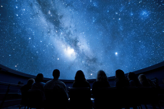 Visitors watch a star show under a dome at a planetarium while learning about space and the universe