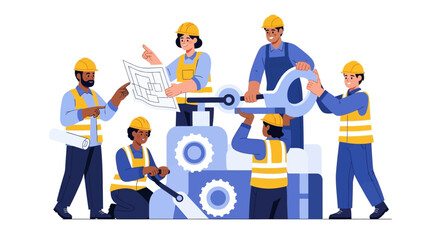 Fototapeta premium Diverse Engineering and Construction Team Collaboration Building Project. Teamwork, Development, Industry, and Technical Work Concept.