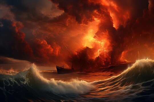 Ship traversing rough ocean waves under a vibrant, fiery red storm sky