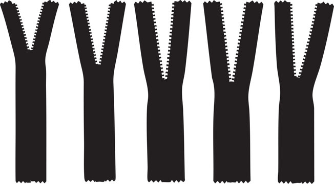 Five black zipper silhouettes on white background five zippers
