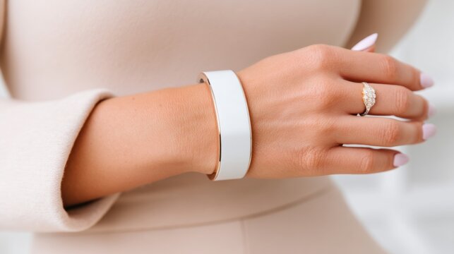 menopause tech, hot flash relief, femtech, wearable cooling concept, close up of a woman wrist wearing a sleek white ceramic cooling bracelet, modern lifestyle