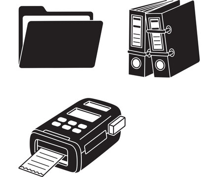 Folder black with file tab, binders, and printer icons in line art style featuring white, illustration, office supplies with stationery and business