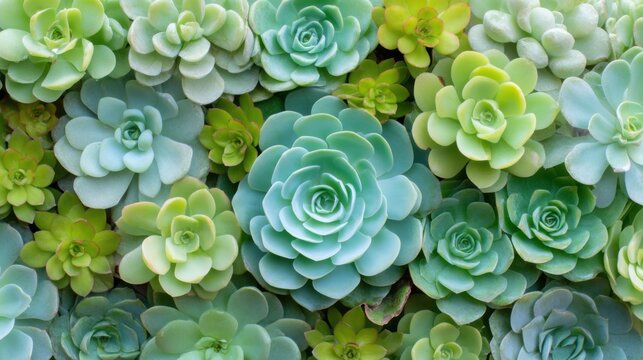 Texture of a succulent garden wall. Many Echeveria rosettes packed closely together. Pale green and teal tones. Geometric natural pattern. Top view.