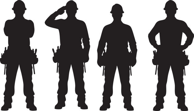 Four construction worker silhouettes in different poses wearing hard hats and tool belts