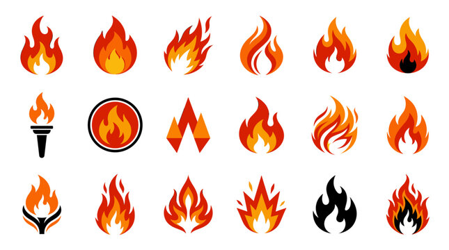 Collection of stylized fire icons and flame graphics in various shapes and designs, including a torch.