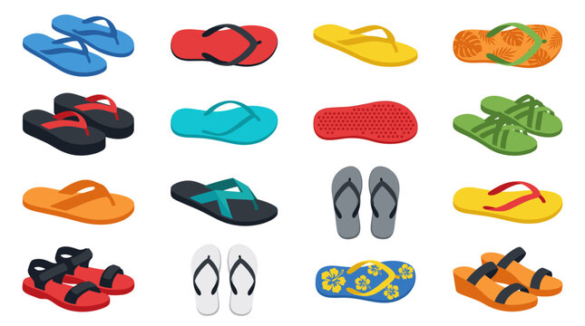 Collection of various colorful flip-flops and sandals, isolated on white background.