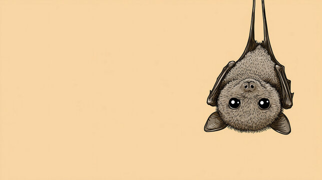 Head of a Small Bat Peeking from the Side on Beige Background