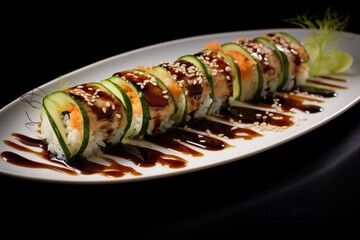 Japanese sushi unagi dragon roll served on a white plate with sesame and sauce