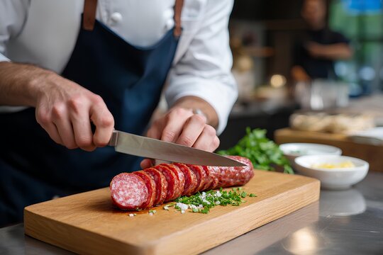 A close-up of hands cutting salami on a wooden board showcases precision, fresh ingredients, and a refined gourmet cooking setup.