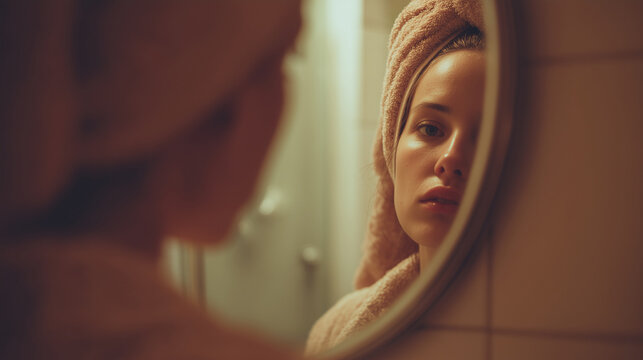 Woman looking into mirror with neutral expression, soft bathroom lighting, introspective mood, calm, mental health, loneliness, peaceful, reflection