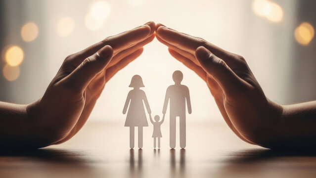 Silhouette of a family holding hands, framed by hands forming a protective arch.