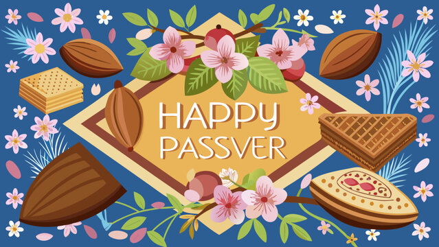 Happy Passover greeting card vector with matzo and flowers