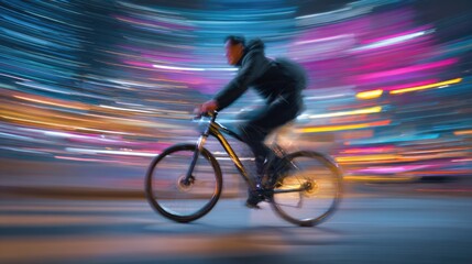 Fototapeta premium Night city scene with a moving cyclist and glowing light streaks. Dynamic framing and spontaneous composition capture motion.