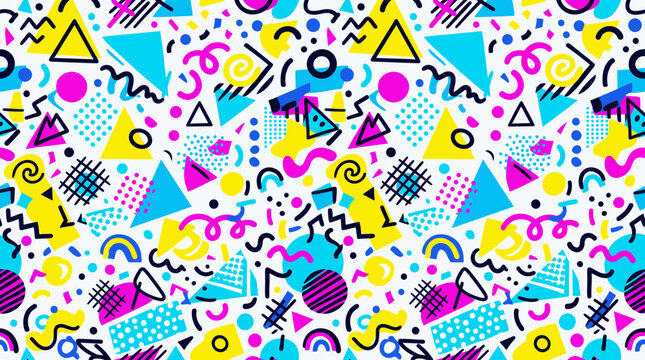 Vibrant seamless pattern with abstract geometric shapes in a retro 80s or 90s style, featuring colorful triangles, circles, and squiggles on a white background.