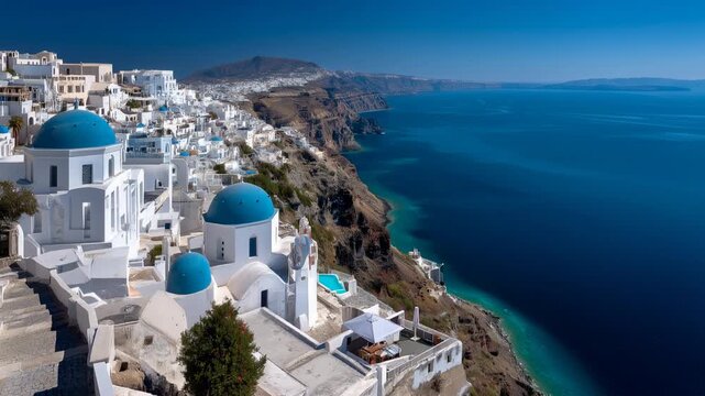Santorini white buildings with blue domes overlooking sea cliffs and caldera landscape