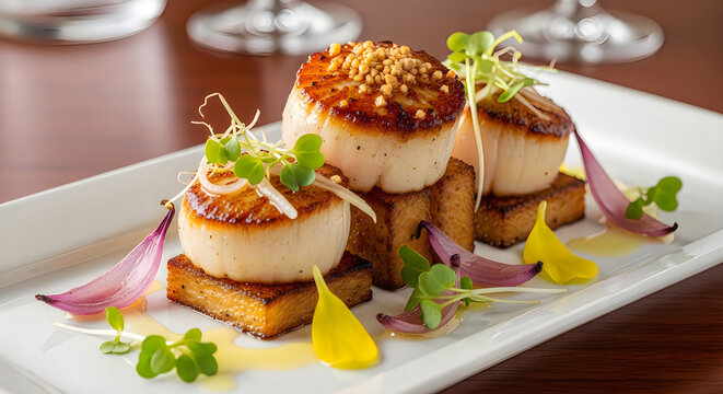 Seared sea scallops served on toasted brioche squares with microgreens and roasted red onion petals
