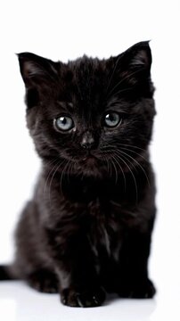 Cute black kitten sits on a white background and plays with its surroundings