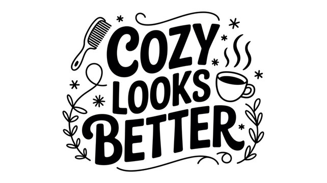 Cozy looks better typography text with comb and coffee cup graphics