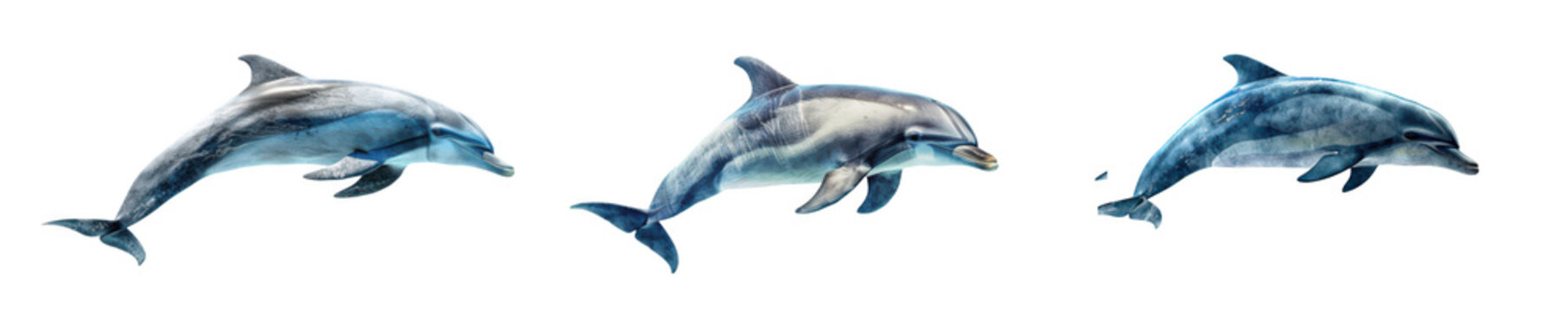 Three dolphins swimming together isolated on transparent background
