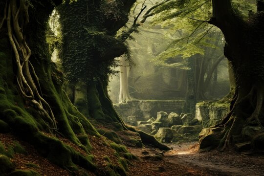 Moss covered trees and old stone ruins creating a mystical and enchanting forest scene