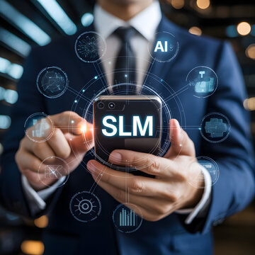 Businessman in suit holding smartphone with floating SLM and AI icons &mdash; customer relationship management and service lifecycle visualization