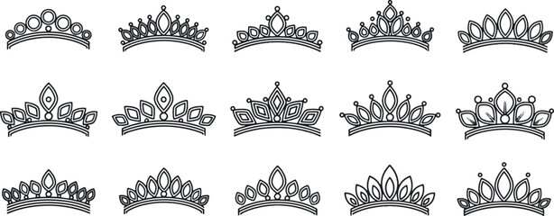 Minimalist princess tiara and wedding crown vector line art set. Modern diadem outline collection for bridal fashion, beauty pageants, and jewelry design. © MAHDIHASAN