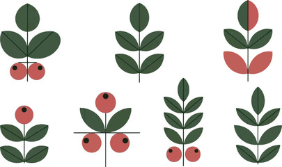 Minimalist geometric berry and leaf icon set. Modern flat vector foliage elements with red berries for nature branding and eco-friendly design. © MAHDIHASAN