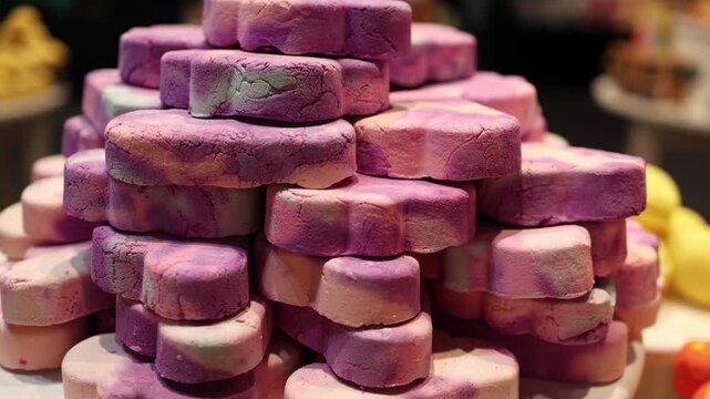 Colorful bath bombs stack close up handmade cosmetic products spa skincare concept natural ingredients relaxation wellness beauty routine