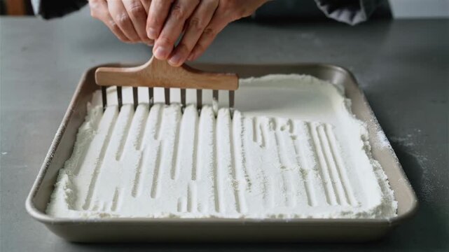 Crafting elegant parallel textures in a pristine bed of white flour using a unique wooden grooving tool on a kitchen counter
