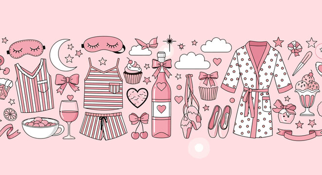 A pink themed image with various objects