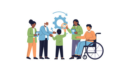 Obraz premium Diverse Team Collaboration on Digital Workflow. Multigenerational Group with Disability Engaged in Communication Process.
