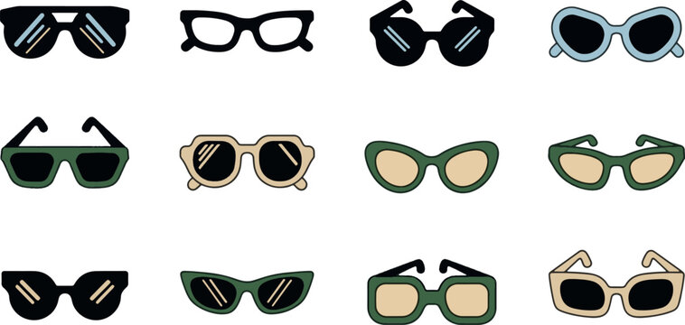 Modern sunglasses and eyewear frame vector set. Stylish sun glasses collection with diverse shapes for fashion, summer, and lifestyle design.