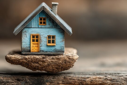 Floating house on rock, unstable property and economic imbalance concept with copy space
