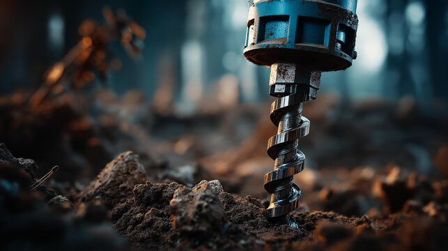 Close-up of spiral soil auger drill bit, heavy construction machinery drilling into dirt and rock, geotechnical drilling equipment for earthworks and ground repair, with copy space