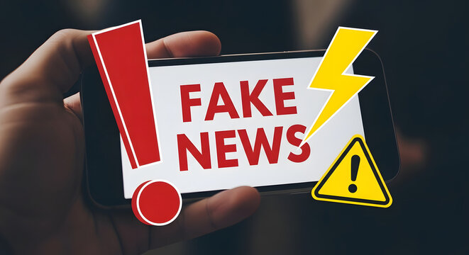 A hand holding a smartphone with fake news on the screen