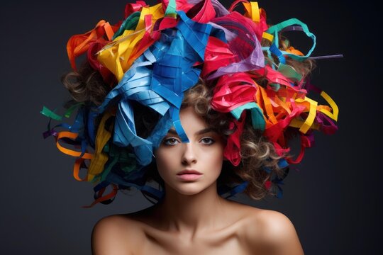 Woman posing with creative avant garde hairstyle made of colorful ribbons and plastic elements