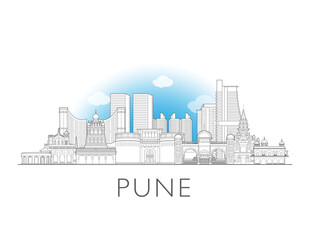 Fototapeta premium Pune skyline, India. Urban cityscape with landmarks and monuments. Hand drawn line art digital skyline illustration