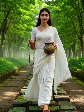 Maa Brahmacharini walking through a mystical forest pathway